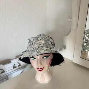 Silver Sequin Floral Bucket Hat Black Brim Statement Party Glam Festival Disco